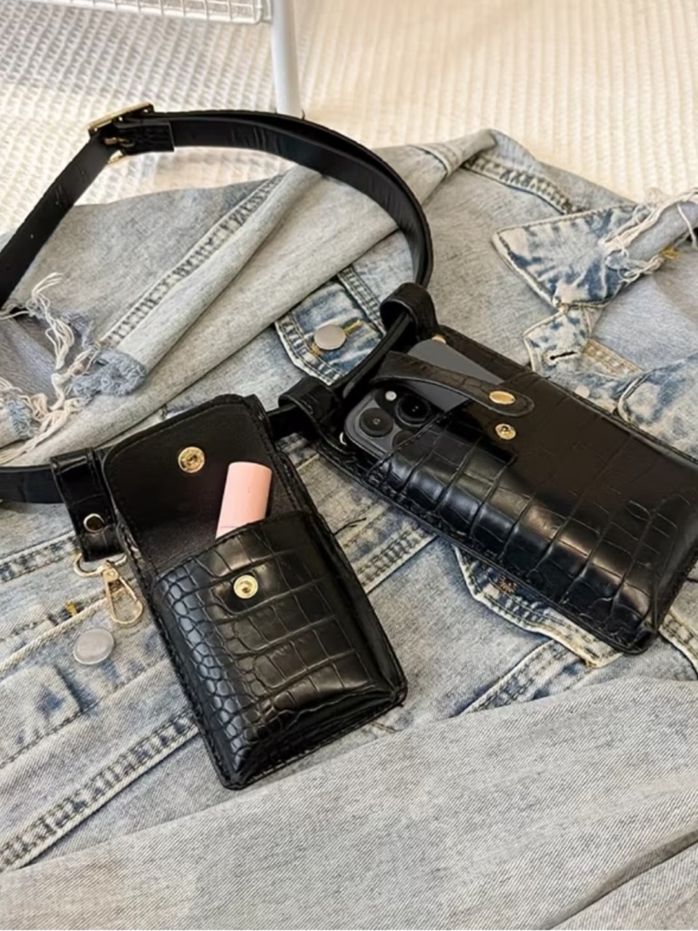 Black Croc-Embossed Multi-Pouch Belt Bag - Picture 5 of 6